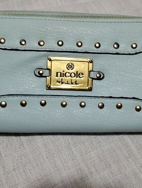 Nicole Pale Blue Studded Zip-Around Wallet with Gold Plate